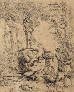 Scena pastorale, fauno e pastorella o festa davanti all